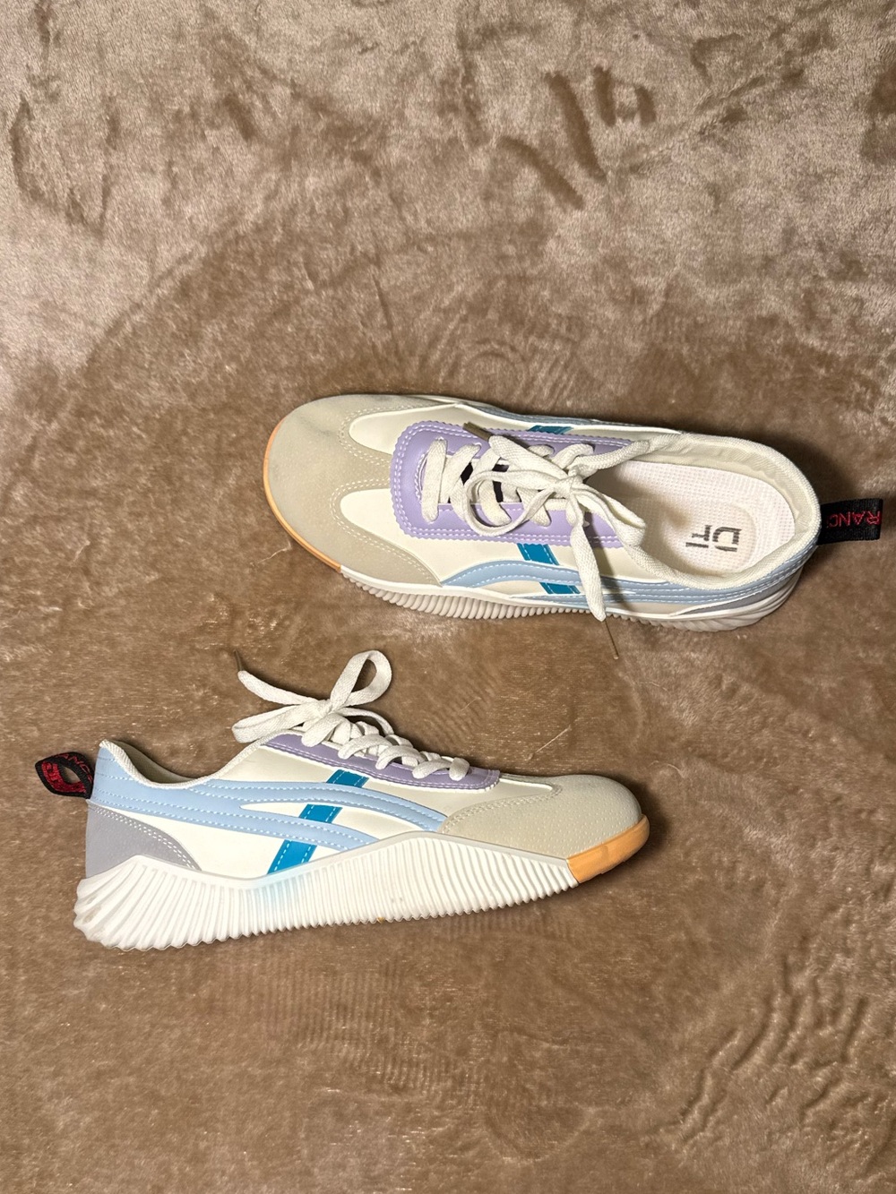 Neutral Cream Athletic Sneakers with Lavender and Blue Accents